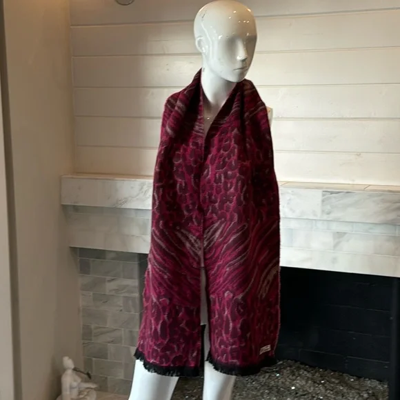 Vintage English Cashmere Hot Pink Animal Print Fringed Scarf 74”L x 12”W - Picture 3 of 9